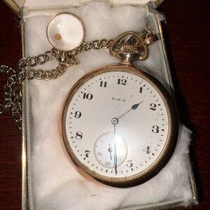 Elgin Vintage Gold Pocket Watch monogram with Chain and mustard seed